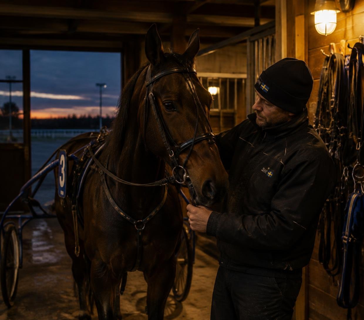 Tränare som håller i en travhäst i stallet